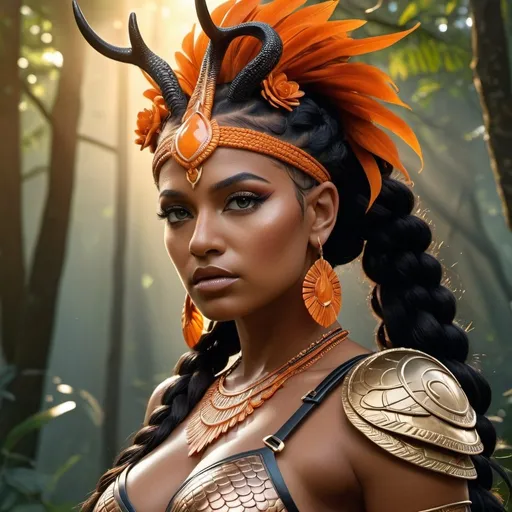 Prompt: HD 4k 3D, 8k, hyper realistic, professional modeling, ethereal Greek Goddess and Amazonian Queen, orange french braided hair, dark skin, gorgeous glowing face, Amazonian Warrior reptile scales armor, red jewelry and headband, Amazon warrior, tattoos, full body, forest at dusk, deer companions, surrounded by ambient divine glow, detailed, elegant, mythical, surreal dramatic lighting, majestic, goddesslike aura