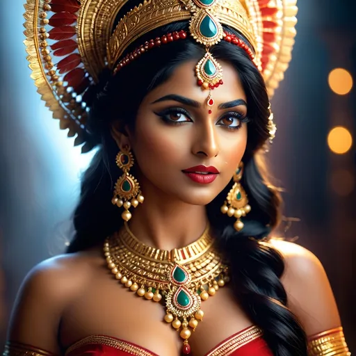 Prompt: Aana Marutha is mythological figure popular in Kerala state of India. Aana Marutha is often depicted as a bloodsucking evil spirit. She is known for her lusty quest and beauty. hyper realistic, HD 4k 3D, professional modeling, ethereal, gorgeous face, Indian jewelry and headpiece, ambient divine glow, detailed and intricate, elegant, ethereal, mythical, goddess, radiant lighting, majestic, goddesslike aura, mystic Indian realm that shows her power