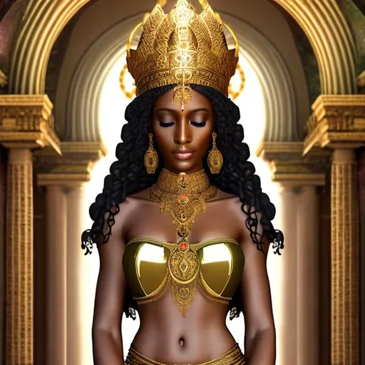 Prompt: HD 4k 3D, hyper realistic, professional modeling, ethereal Greek goddess of afternoon prayer, brown and black half up twist hair, brown skin, gorgeous face, priestess dress, religious jewelry and crown, full body, ambient glow of afternoon, alluring goddess, praying, afternoon meditation, piety, detailed, elegant, ethereal, mythical, Greek, goddess, surreal lighting, majestic, goddesslike aura