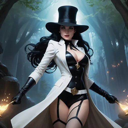 Prompt: 2d studio ghibli anime style, anime scene, 4k 3D 8k professional modeling photo hyper realistic beautiful woman enchanted, Zatanna, Zatanna assumes the mantle of a mystic superhero, wholeheartedly dedicating herself to the quest of thwarting malevolent forces. Zatanna's extensive understanding of magic and her proficiency in wielding its powers have established her as a highly sought-after consultant in matters pertaining to the arcane arts. Zatanna's heritage grants her inherent magical abilities and a profound command over mystical and cosmic forces believed to originate from the ancient depths of the universe. , full body surrounded by ambient glow, magical, highly detailed, intricate, outdoor  landscape, high fantasy background, elegant, mythical, surreal lighting, majestic, goddesslike aura, Annie Leibovitz style  