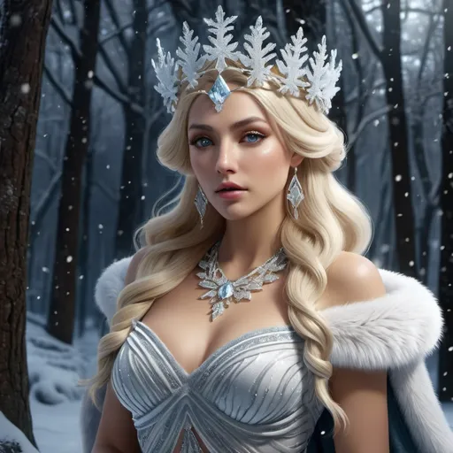 Prompt: HD 4k 3D, hyper realistic, professional modeling, ethereal Greek goddess of Winter, plantinum blonde hair, mixed skin, gorgeous face, grecian snowflake velvet and fur dress, ice jewelry and ice crown, full body, embodiment of winter, falling snow, forest, foxes and rabbits, detailed, elegant, ethereal, mythical, Greek, goddess, surreal lighting, majestic, goddesslike aura