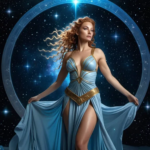 Prompt: HD 4k 3D 8k professional modeling photo hyper realistic beautiful woman Space Princess ethereal greek goddess Lauranna, primordial cosmic sci fi goddess, full body surrounded by ambient glow, covered in stars and light, enchanted, magical, highly detailed, intricate, highly realistic woman, high fantasy space background, elegant, mythical, surreal lighting, majestic, goddesslike aura, Annie Leibovitz style 

