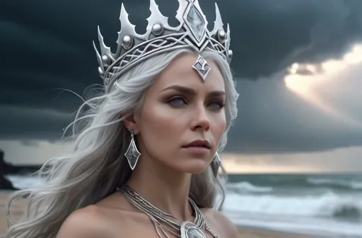 Prompt: Hludana Norse Goddess of violent winds, hyper realistic, HD 4k 3D, professional modeling, ethereal, light gray hair, white skin, gorgeous face, gorgeous jewelry and crown, on a beach in a storm, ambient glow, detailed, elegant, ethereal, mythical, goddess, moody lighting, majestic, goddesslike aura, Norse Mythology