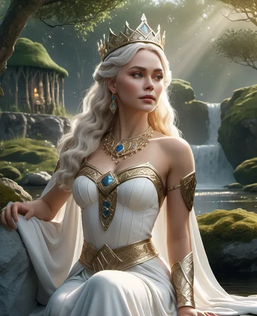 Prompt: Frigg Norse beloved Queen Goddess,  hyper realistic, HD 4k 3D, professional modeling, ethereal, white hair, white skin, gorgeous face, gorgeous jewelry and crown, full body, ambient glow, castle in the wetlands landscape, detailed, elegant, ethereal, mythical, goddess, surreal lighting, majestic, goddesslike aura