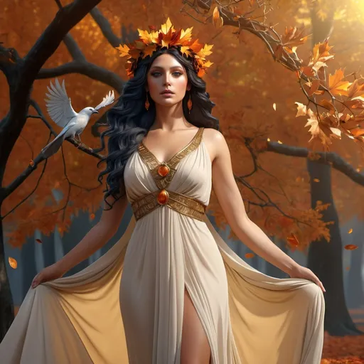 Prompt: HD 4k 3D, hyper realistic, professional modeling, ethereal Greek goddess of Autumn, dark orange hair, tan skin, gorgeous face, grecian chiffon dress, autumn jewelry and autumn leaves crown, full body, embodiment of autumn and changing colors, falling leaves, forest, crows and ravens, detailed, elegant, ethereal, mythical, Greek, goddess, surreal lighting, majestic, goddesslike aura