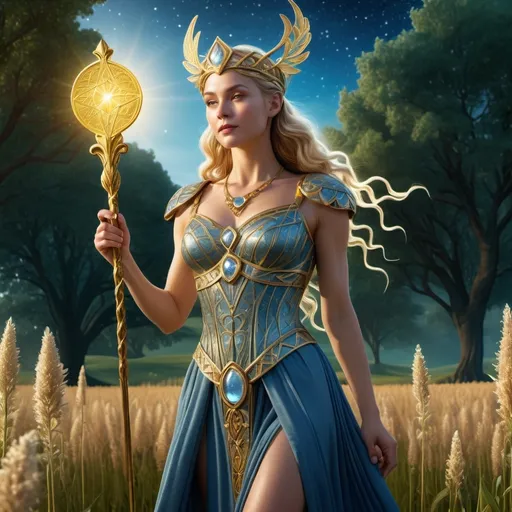 Prompt: tarot card  illustration, Beyla Norse Goddess of argriculture, hyperrealistic, HD 4k 3D 8k professional modeling photo, beautiful fair woman enchanted, standing in a field, surrounded by ambient glow, magical, highly detailed, intricate, mythical background, elegant, surreal lighting, majestic, goddesslike aura