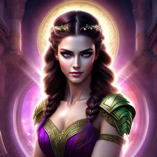 Prompt: HD 4k 3D 8k professional modeling photo hyper realistic beautiful woman ethereal greek goddess of discipline
dark purple hair in braid green eyes gorgeous face fair skin muscular body feminine armor jewelry and diadem full body surrounded by ambient glow hd landscape background she is working in temple
