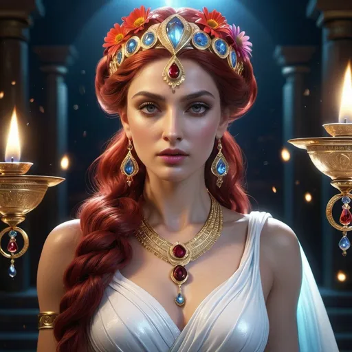 Prompt: HD 4k 3D, 8k, hyper realistic, professional modeling, ethereal Greek Goddess and Theban Oracle, red topsy tail hair, white skin, gorgeous glowing face, priestess gown, spinel jewelry and tiara, magical seer, spring of water by osteospermum flowers, fortune teller and diviner, surrounded by ambient divinity glow, detailed, elegant, mythical, surreal dramatic lighting, majestic, goddesslike aura