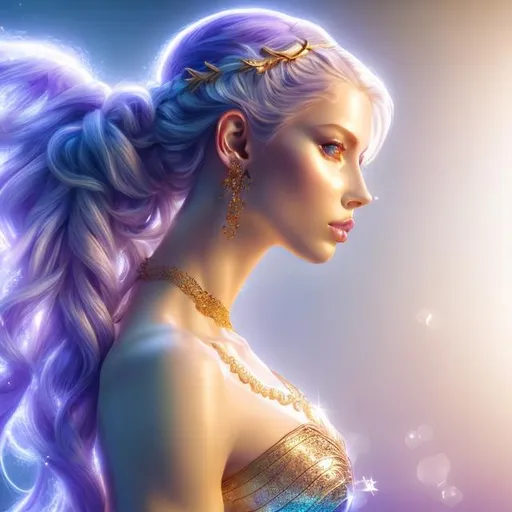 Prompt: HD 4k 3D, hyper realistic, professional modeling, ethereal Greek warrior goddess of morning gymnastics, blue and purple pulled back hair, pale skin, light blue armor, gorgeous face, sparkling jewelry and crown, full body, ambient glow of morning, alluring sun goddess at morning, gymnastics, detailed, elegant, ethereal, mythical, Greek, goddess, surreal lighting, majestic, goddesslike aura