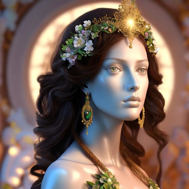 Prompt: HD 4k 3D, hyper realistic, professional modeling, ethereal Greek goddess of spring and flowers, red hair, brown skin, gorgeous face, gorgeous floral and green grecian dress, floral jewelry and flower headpiece, full body, ambient glow, flower nymph in springtime, landscape, detailed, elegant, ethereal, mythical, Greek, goddess, surreal lighting, majestic, goddesslike aura