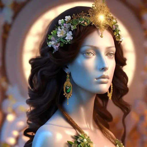 Prompt: HD 4k 3D, hyper realistic, professional modeling, ethereal Greek goddess of spring and flowers, red hair, brown skin, gorgeous face, gorgeous floral and green grecian dress, floral jewelry and flower headpiece, full body, ambient glow, flower nymph in springtime, landscape, detailed, elegant, ethereal, mythical, Greek, goddess, surreal lighting, majestic, goddesslike aura