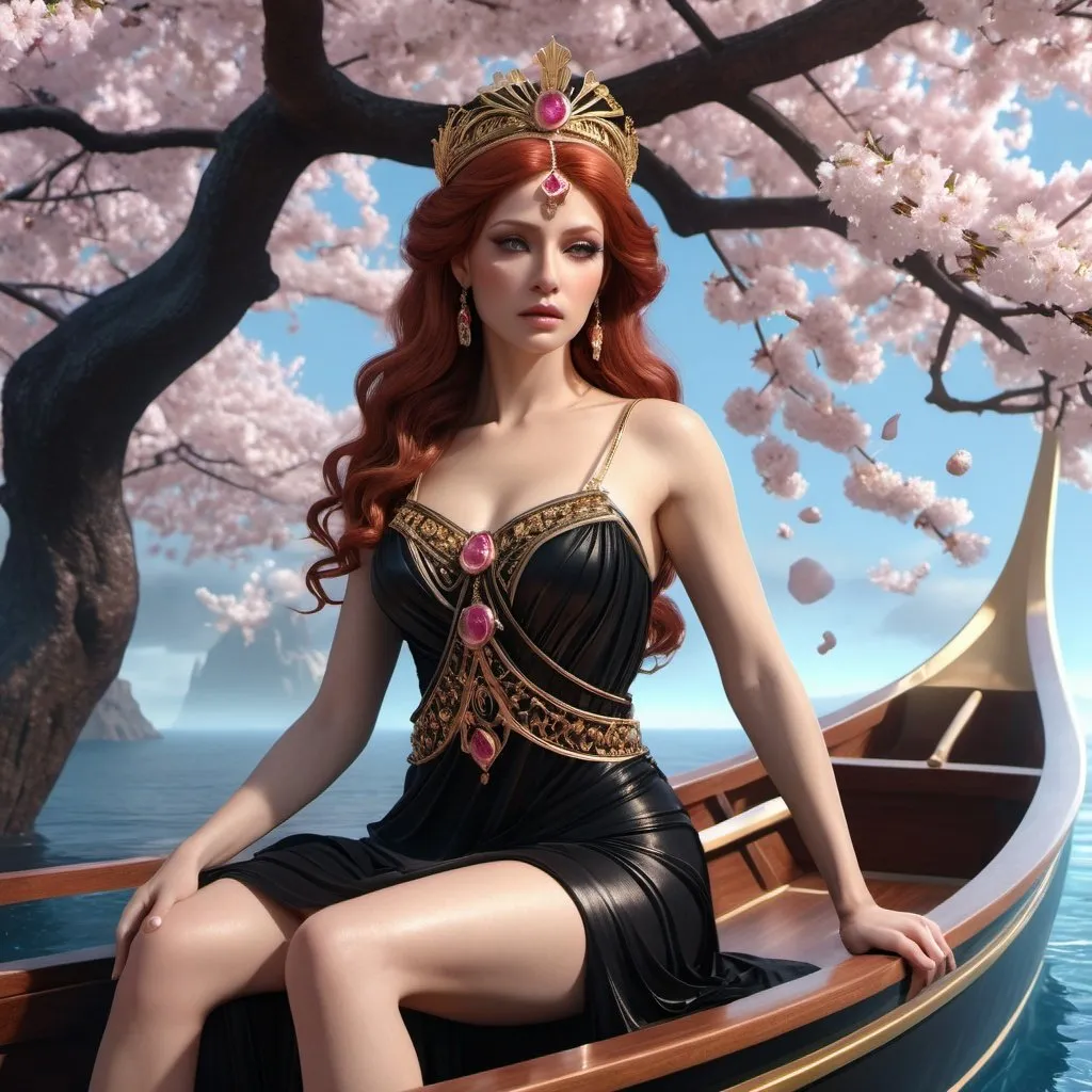 Prompt: HD 4k 3D, 8k, hyper realistic, professional modeling, ethereal Greek Goddess Princess of Thebes, red hair, fair skin, gorgeous glowing face, black dress, pink gemstone jewelry and tiara, riding in funeral boat adorned with cherry blossoms, surrounded by ambient divinity glow, detailed, elegant, mythical, surreal dramatic lighting, majestic, goddesslike aura