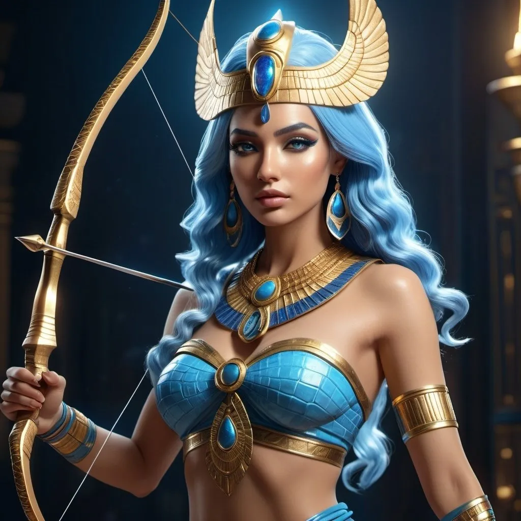 Prompt: HD 4k 3D, 8k, hyper realistic, professional modeling, ethereal Egyptian Goddess style, beautiful with bow and arrow, glowing fair skin, blue hair, mythical crocodile skin outfit and jewelry, tiara, full body, heavenly ruler of the cosmos, Fantasy setting, surrounded by ambient divine glow, detailed, elegant, surreal dramatic lighting, majestic, goddesslike aura, octane render, artistic and whimsical