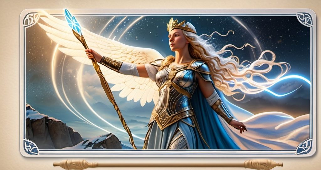 Prompt: tarot card illustration, Eir Norse Goddess Valkyrie of healing and mercy, hyperrealistic, HD 4k 3D 8k professional modeling photo, beautiful tan maiden, enchanted, battle magic, surrounded by ambient glow, magical, highly detailed, intricate, mythical background, elegant, surreal lighting, majestic, goddesslike aura