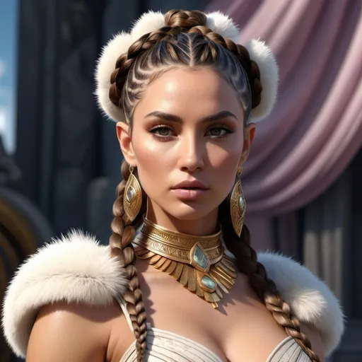 Prompt: HD 4k 3D, 8k, hyper realistic, professional modeling, ethereal Greek Goddess and Amazonian Warrior, brown braided bun hair, beige skin, gorgeous glowing face, Amazonian Warrior fur armor, kunzite jewelry and crown, Amazon warrior, tattoos, full body, courageous, arctic tundra, surrounded by ambient divine glow, detailed, elegant, mythical, surreal dramatic lighting, majestic, goddesslike aura