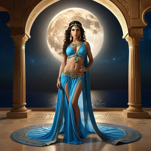 Prompt: HD 4k 3D 8k professional modeling photo hyper realistic beautiful woman enchanted, Arab Princess Badroulbadour, "full moon of full moons") is an Arab princess whom Aladdin married in The Story of Aladdin; or, the Wonderful Lamp. Her name uses the full moon as a metaphor for female beauty, which is common in Arabic literature and throughout the Arabian Nights, ethereal greek goddess, full body surrounded by ambient glow, magical, highly detailed, intricate, outdoor  landscape, high fantasy background, elegant, mythical, surreal lighting, majestic, goddesslike aura, Annie Leibovitz style 

