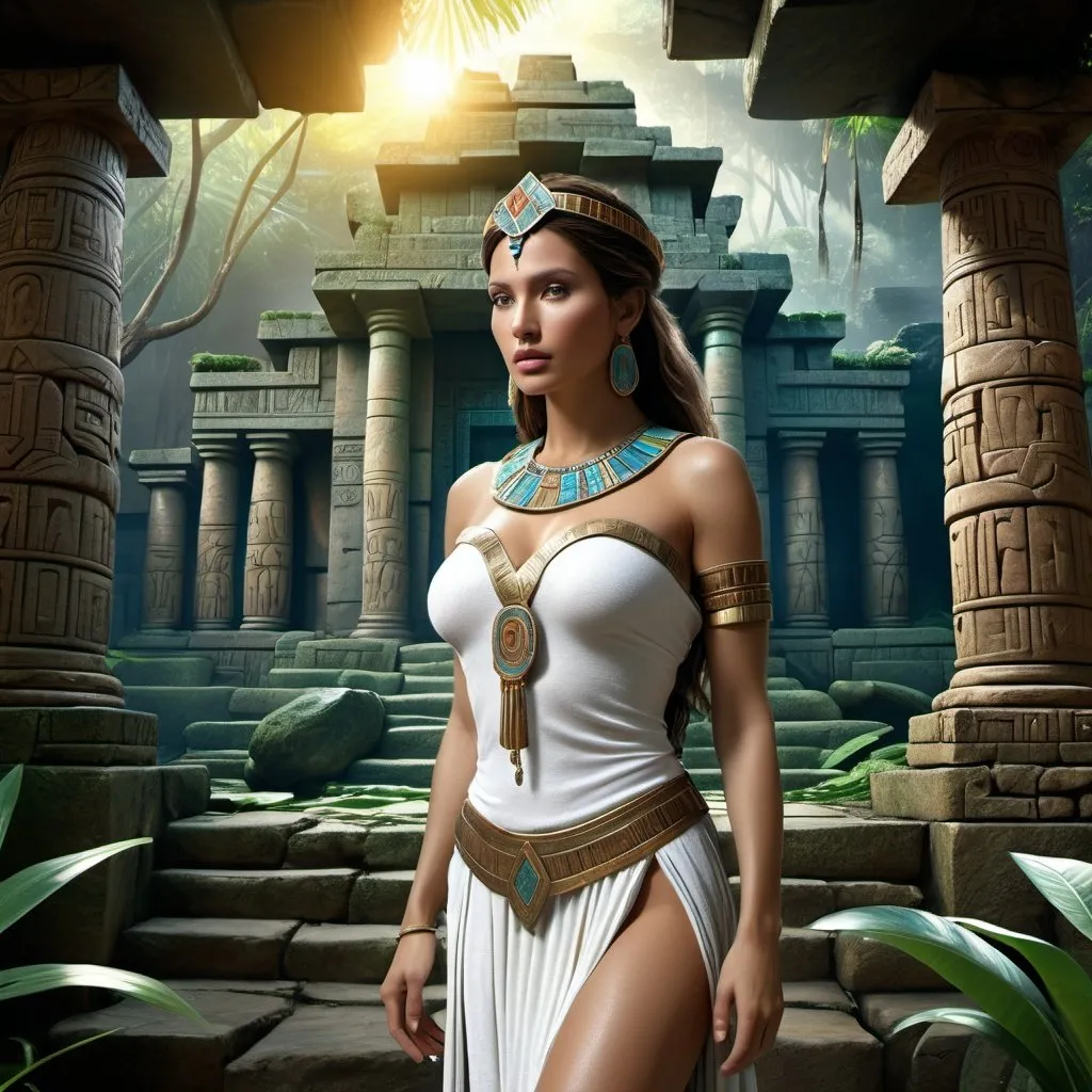 Prompt: HD 4k 3D 8k professional modeling photo hyper realistic beautiful woman enchanted Incan Princess, ethereal greek goddess, full body surrounded by ambient glow, magical, highly detailed, intricate, Peruvian Jungle temple ruins, outdoor landscape, highly realistic woman, high fantasy background, elegant, mythical, surreal lighting, majestic, goddesslike aura, Annie Leibovitz style 

