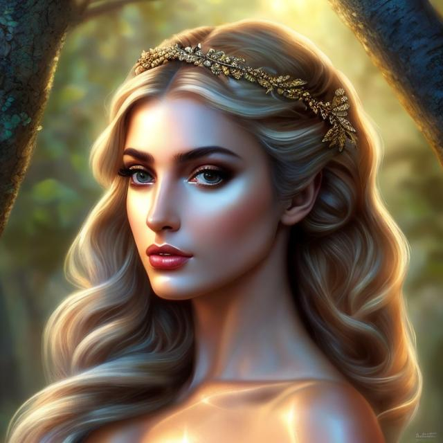 Prompt: HD 4k 3D, hyper realistic, professional modeling, ethereal Greek goddess of laurel trees, blonde hair, black skin, gorgeous face, gorgeous laurel dress, rustic jewelry and rustic diadem, full body, ambient glow, laurel tree nymph, landscape, detailed, elegant, ethereal, mythical, Greek, goddess, surreal lighting, majestic, goddesslike aura