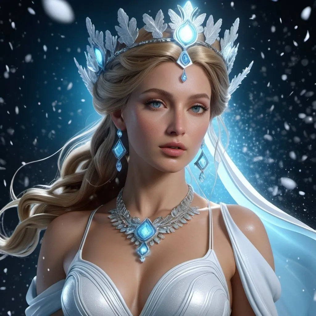 Prompt: HD 4k 3D, hyper realistic, professional modeling, enchanted Dutch snow goddess mythology Princess, beautiful, magical, detailed, highly realistic woman, modern Electronic DJ trance style, elegant, ethereal, mythical, Greek goddess, surreal lighting, majestic, goddesslike aura, Annie Leibovitz style 