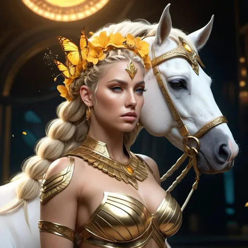 Prompt: HD 4k 3D, 8k, hyper realistic, professional modeling, ethereal Greek Goddess and Amazonian Warrior, blonde braided hair, white skin, gorgeous glowing face, Amazonian Warrior armor, citrine jewelry and headpiece, Amazon warrior, tattoos, full body, fierce, adorned with butterflies and alstroemeria flowers, riding a mare, surrounded by ambient divine glow, detailed, elegant, mythical, surreal dramatic lighting, majestic, goddesslike aura