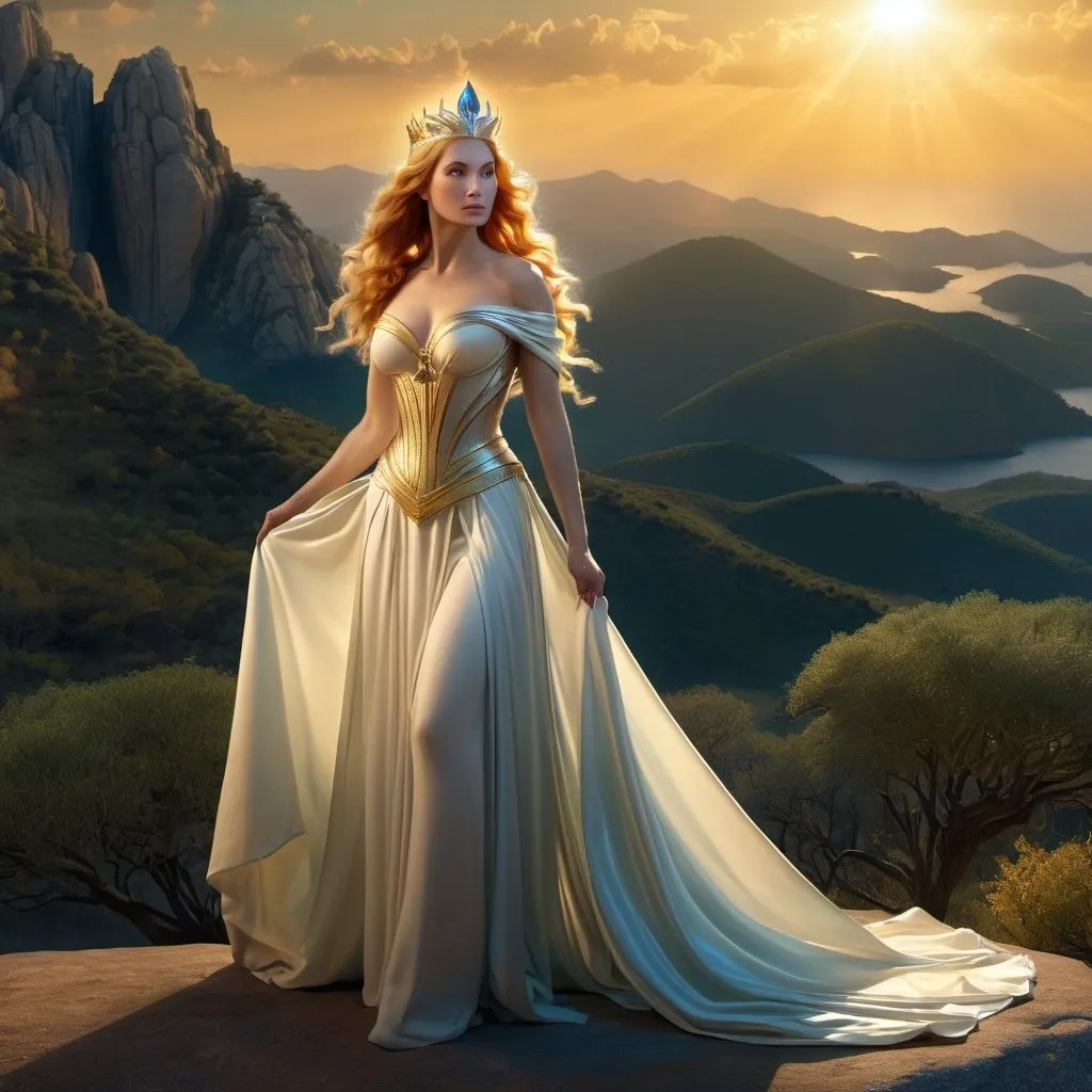 Prompt: HD 4k 3D 8k professional modeling photo hyper realistic beautiful woman enchanted, Oz Princess Peg Amy, revealed to be the long-lost princess of Sun Top Mountain. After being freed from her enchantment, Peg Amy rules Sun Top Mountain, ethereal greek goddess, full body surrounded by ambient glow, magical, highly detailed, intricate, outdoor  landscape, high fantasy background, elegant, mythical, surreal lighting, majestic, goddesslike aura, Annie Leibovitz style 
