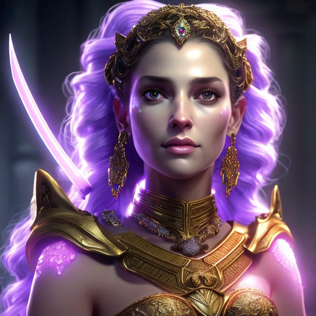 Prompt: HD 4k 3D 8k professional modeling photo hyper realistic beautiful woman ethereal greek goddess of judicial punishment
light purple pigtails hair brown eyes olive skin gorgeous face shimmering gem encrusted armor regal jewelry regal headpiece holding keys and weapon full body surrounded by ambient glow hd landscape background she guards prisoners, cells, prison, cages, lions and tigers
