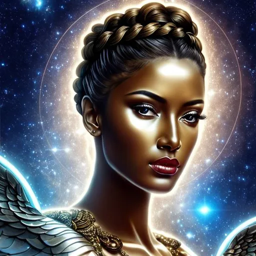 Prompt: HD 4k 3D, hyper realistic, professional modeling, ethereal Greek goddess of the stars,  bronze braided bun hair, black skin, gorgeous face, gorgeous starry gown, starry jewelry and headband of stars, angel wings, full body, ambient starlight glow, overlooking island, dazzling light, landscape, detailed, elegant, ethereal, mythical, Greek, goddess, surreal lighting, majestic, goddesslike aura