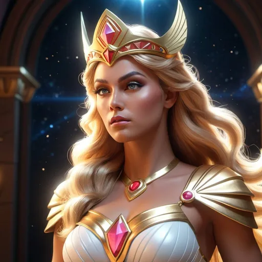 Prompt: HD 4k 3D, hyper realistic, professional modeling, ethereal Princess Adora - She-Ra, beautiful, powerful, fantasy land, detailed, elegant, ethereal, mythical, Greek, goddess, surreal lighting, majestic, goddesslike aura