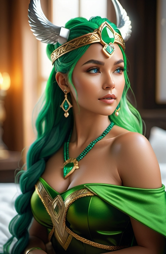 Prompt: Lofn Norse Goddess of comforting love, hyper realistic, HD 4k 3D, professional modeling, ethereal, bright green double ponytail hair, olive skin, gorgeous face, gorgeous jewelry and headband, Valkyrie in a plush bedroom, ambient divine glow, detailed and intricate, elegant, ethereal, mythical, goddess, radiant lighting, majestic, goddesslike aura, Norse Viking Mythology