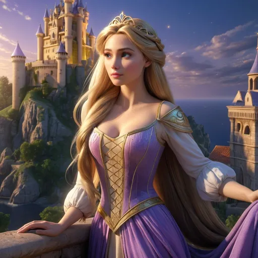 Prompt: HD 4k 3D, hyper realistic, professional modeling, enchanted German Princess - Rapunzel, very long hair, castle tower, beautiful, magical, detailed, elegant, ethereal, mythical, Greek goddess, surreal lighting, majestic, goddesslike aura