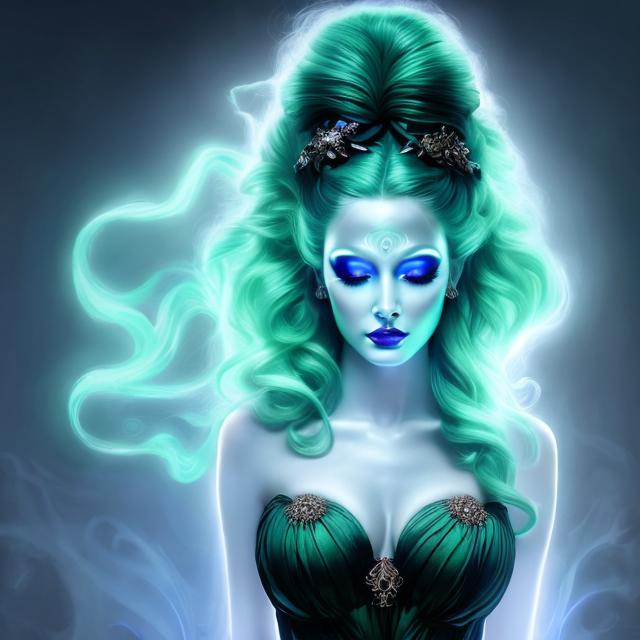 Prompt: HD 4k 3D, hyper realistic, professional modeling, ethereal Greek demon goddess of nightmares, green and blue bun hair, fair skin, black gown, gorgeous face, dark jewelry and headpiece, full body, ambient ghostly glow, dream spirit, night, detailed, elegant, ethereal, mythical, Greek, goddess, surreal lighting, majestic, goddesslike aura