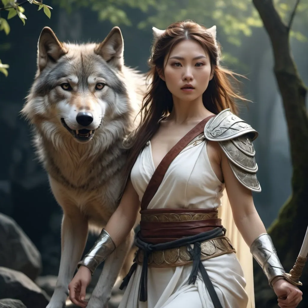 Prompt: HD 4k 3D, hyper realistic, professional modeling, enchanted Japanese Warrior Princess - San, strong, beautiful, magical, wolves, high fantasy background, detailed, highly realistic woman, elegant, ethereal, mythical, Greek goddess, surreal lighting, majestic, goddesslike aura, Annie Leibovitz style 