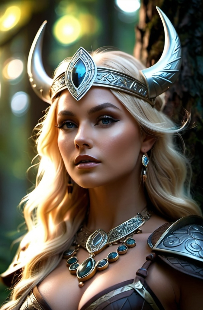 Prompt: Irpa Norse Dark Earth Goddess, hyper realistic, HD 4k 3D, professional modeling, ethereal, bright blonde l hair, light brown skin, gorgeous face, gorgeous jewelry and headpiece, Wicked Valkyrie, in a dark forest, ambient divine glow, detailed and intricate, elegant, ethereal, mythical, goddess, radiant lighting, majestic, goddesslike aura, Norse Viking Mythology