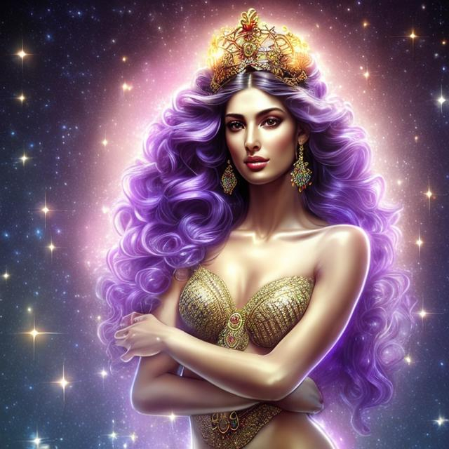 Prompt: HD 4k 3D, hyper realistic, professional modeling, ethereal Greek goddess of good cheer and happiness, purple hair, olive skin, dancing gown, gorgeous face, party jewelry and diadem, full body, ambient glow, joyful, merry, mirth, Spring background, detailed, elegant, ethereal, mythical, Greek, goddess, surreal lighting, majestic, goddesslike aura