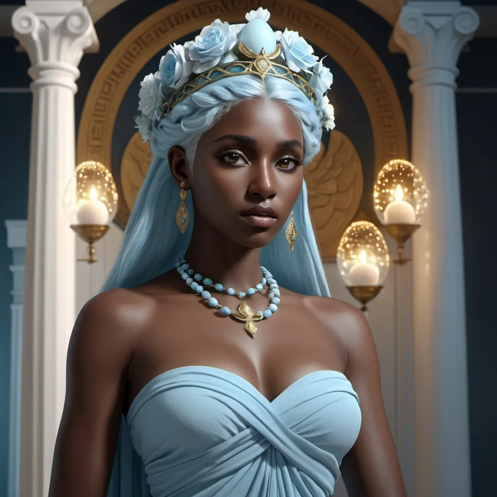 Prompt: HD 4k 3D, hyper realistic, professional modeling, ethereal Greek Muse of Origins, pale blue hair, dark skin, gorgeous face, grecian gown, simple jewelry and tiara, full body, embodiment of youth, hatching from an egg, beautiful form, enchantress, detailed, elegant, ethereal, mythical, Greek, goddess, surreal lighting, majestic, goddesslike aura