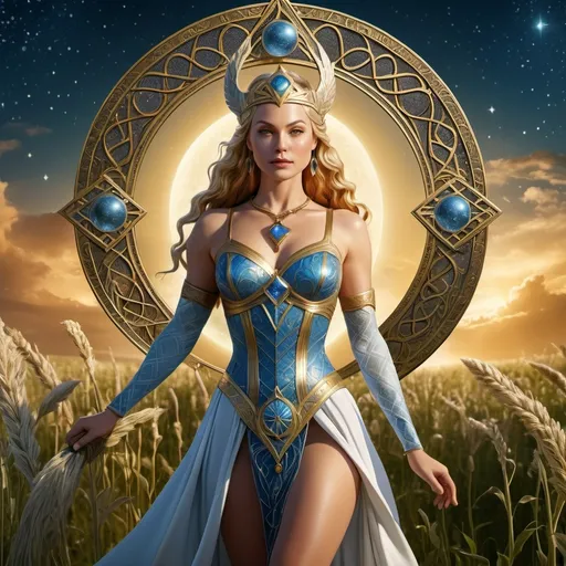 Prompt: tarot card  illustration, Beyla Norse Goddess of argriculture, hyperrealistic, HD 4k 3D 8k professional modeling photo, beautiful fair woman enchanted, standing in a field, surrounded by ambient glow, magical, highly detailed, intricate, mythical background, elegant, surreal lighting, majestic, goddesslike aura