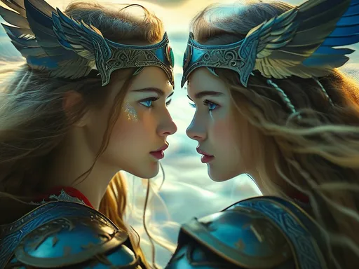 Prompt: Twin Valkyries, Skögul and Geirskögul,  pre-Raphaelite time-lapse motion blur, High resolution, detailed portrait, ethereal atmosphere,  flowing hair, captivating eyes, cosmic mystical aura, vibrant colors, soft lighting, professional, digital painting, enchanting presence, fantasy, dreamy, female, mystical, detailed hair, captivating gaze, professional lighting, hyper realistic, HD 4k 3D, professional modeling, ethereal, gorgeous face, ambient divine glow, detailed and intricate, elegant, ethereal, mythical, goddess, radiant lighting, 