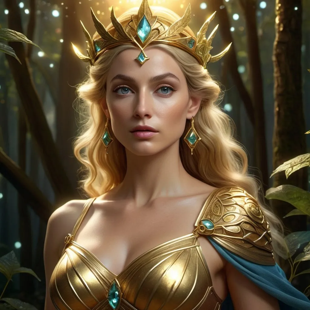 Prompt: HD 4k 3D 8k professional modeling photo hyper realistic beautiful woman golden haired immortal Elf Princess ethereal greek goddess, ancient primordial wise goddess, full body surrounded by ambient glow, covered in stars and gems, enchanted, magical, highly detailed, intricate, highly realistic woman, high fantasy background, Lothlorian forest, elegant, mythical, surreal lighting, majestic, goddesslike aura, Annie Leibovitz style 

