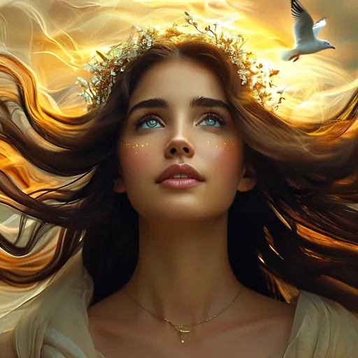 Prompt: Libera, brown haired Roman Goddess of free spirit and new beginnings, pre-Raphaelite time-lapse motion blur Abstract* cyber graffiti, High resolution, detailed portrait, Midjourney style, ethereal atmosphere, flowing hair, captivating eyes, cosmic mystical aura, vibrant colors, soft lighting, professional, digital painting, enchanting presence, fantasy, dreamy, female, mystical, detailed hair, captivating gaze, professional lighting, hyper realistic, HD 4k 3D, professional modeling, ethereal, gorgeous face, ambient divine glow, detailed and intricate, elegant, ethereal, mythical, goddess, radiant lighting,seagulls, seashore, windy