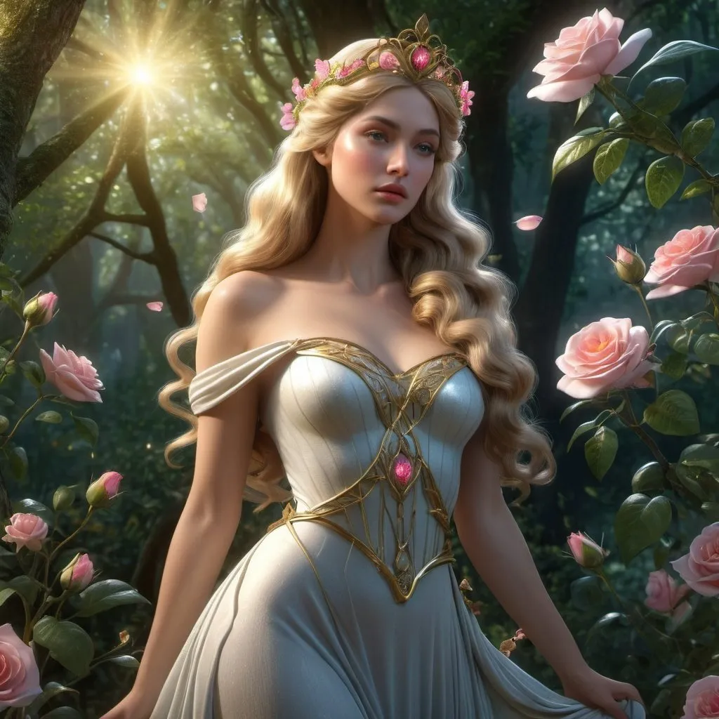 Prompt: HD 4k 3D, hyper realistic, professional modeling, enchanted French Princess - Briar Rose, beautiful, magical, gorgeous forest, flowers and fairies, detailed, elegant, ethereal, mythical, Greek goddess, surreal lighting, majestic, goddesslike aura