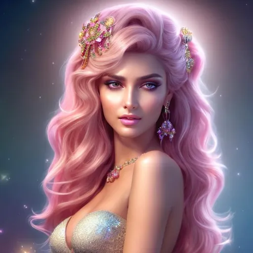 Prompt: HD 4k 3D 8k professional modeling photo hyper realistic beautiful woman ethereal greek goddess of fame
long beach wavy blush pink hair hazel eyes gorgeous face with makeup black skin shiny dress with gems ornate jewelry headband angel wings she is holding a trumpet full body surrounded by ambient glow hd landscape background pastel colored clouds 

