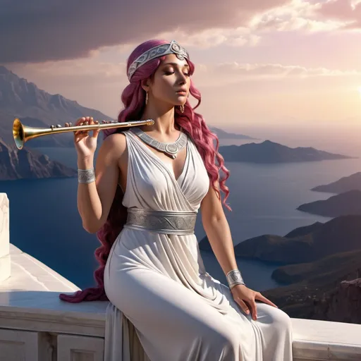 Prompt: HD 4k 3D, hyper realistic, professional modeling, ethereal Greek Muse of Musical Poetry, flowing dark pink hair, tan skin, gorgeous face, grecian flowing tunic, silver jewelry and silver headband, full body, delightful, music, playing flute, on mount olympus, detailed, elegant, ethereal, mythical, Greek, goddess, surreal lighting, majestic, goddesslike aura