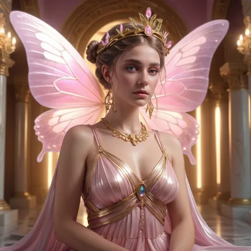 Prompt: HD 4k 3D, 8k, hyper realistic, professional modeling, ethereal Greek Goddess of the Soul, pink double braided buns, fair skin, gorgeous face, iridescent dress and woman with butterfly wings, jewelry and crown, awakening in a palace of gems and gold , surrounded by ambient divine glow, detailed, elegant, ethereal, mythical, Greek, goddess, surreal lighting, majestic, goddesslike aura