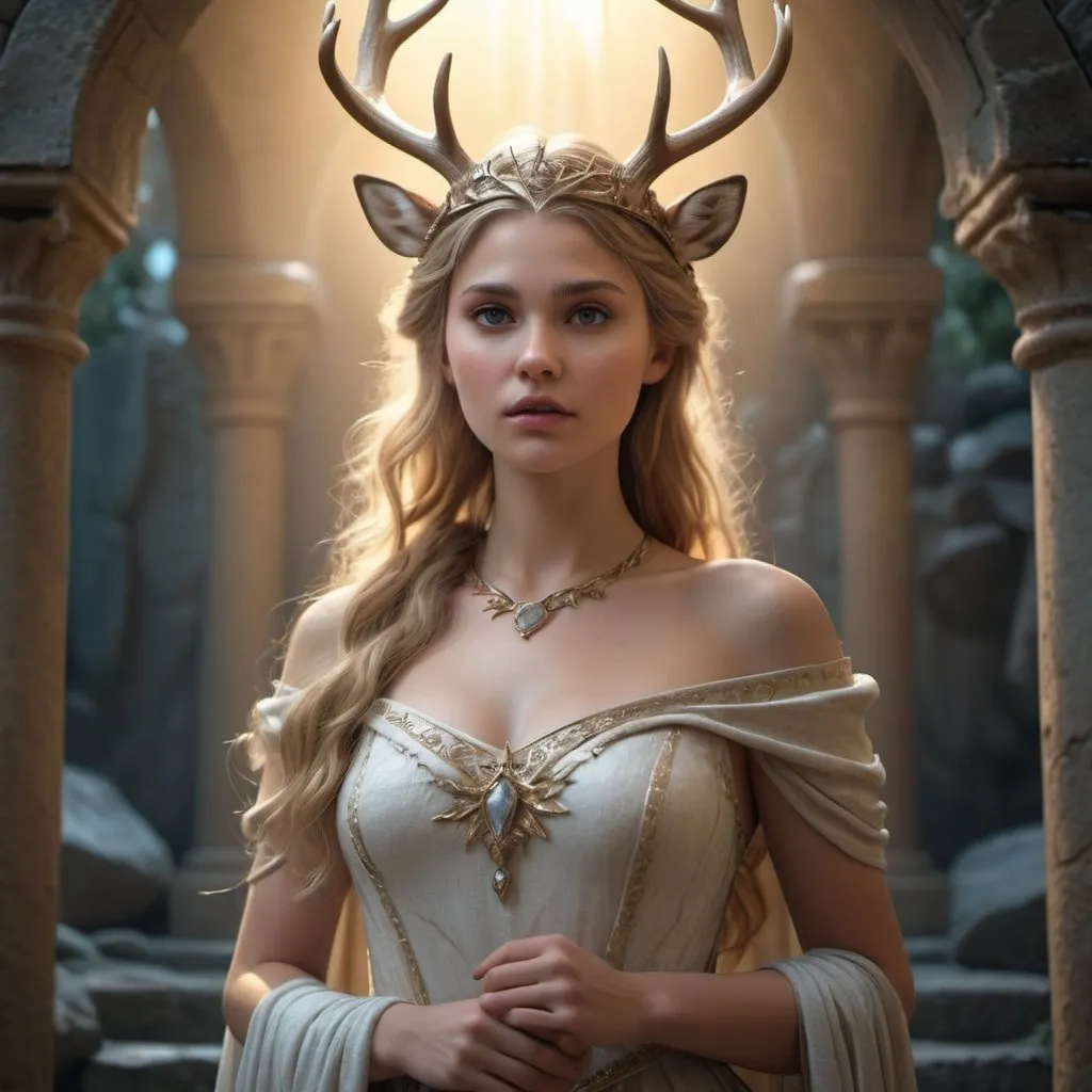 Prompt: HD 4k 3D, hyper realistic, professional modeling, enchanted Westeros Princess - Myrcella, kind, beautiful, magical, deer, high fantasy background, detailed, highly realistic woman, elegant, ethereal, mythical, Greek goddess, surreal lighting, majestic, goddesslike aura