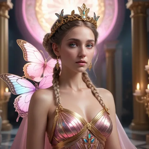 Prompt: HD 4k 3D, 8k, hyper realistic, professional modeling, ethereal Greek Goddess of the Soul, pink double braided buns, fair skin, gorgeous face, iridescent dress and woman with butterfly wings, jewelry and crown, awakening in a magical palace of gems and gold , surrounded by ambient divine glow, detailed, elegant, ethereal, mythical, Greek, goddess, surreal lighting, majestic, goddesslike aura
