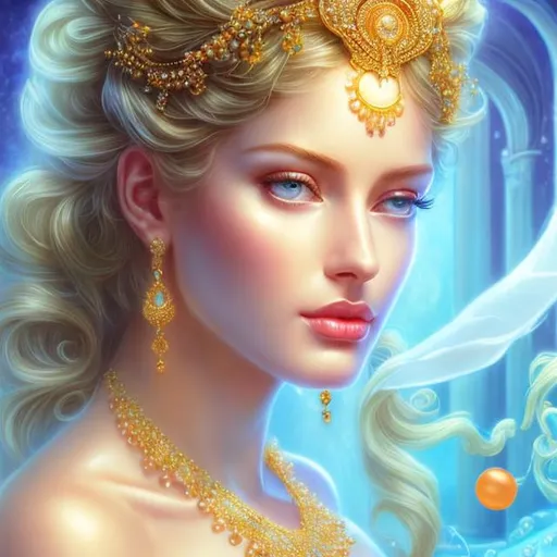 Prompt: HD 4k 3D, hyper realistic, professional modeling, ethereal Greek goddess of soothing, orange and blonde hair, mixed skin, gorgeous face, jewelry and headpiece, full body, ambient glow, calm goddess, luxurious bubble bath, bath house spa landscape, detailed, elegant, ethereal, mythical, Greek, goddess, surreal lighting, majestic, goddesslike aura