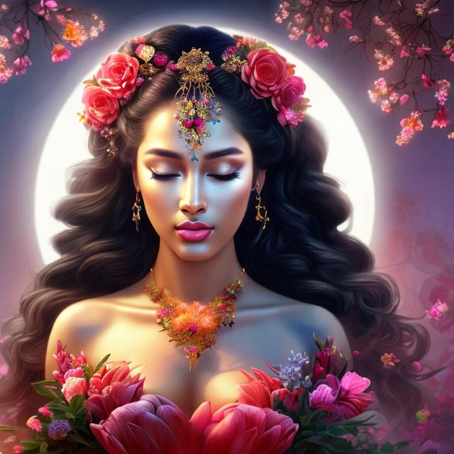 Prompt: HD 4k 3D, hyper realistic, professional modeling, ethereal Greek goddess of flower buds, red ombre hair, black skin, floral gown, gorgeous face, floral jewelry and headpiece, full body, ambient glow, beautiful goddess surrounded by budding flowers in spring, flower buds,  detailed, elegant, ethereal, mythical, Greek, goddess, surreal lighting, majestic, goddesslike aura