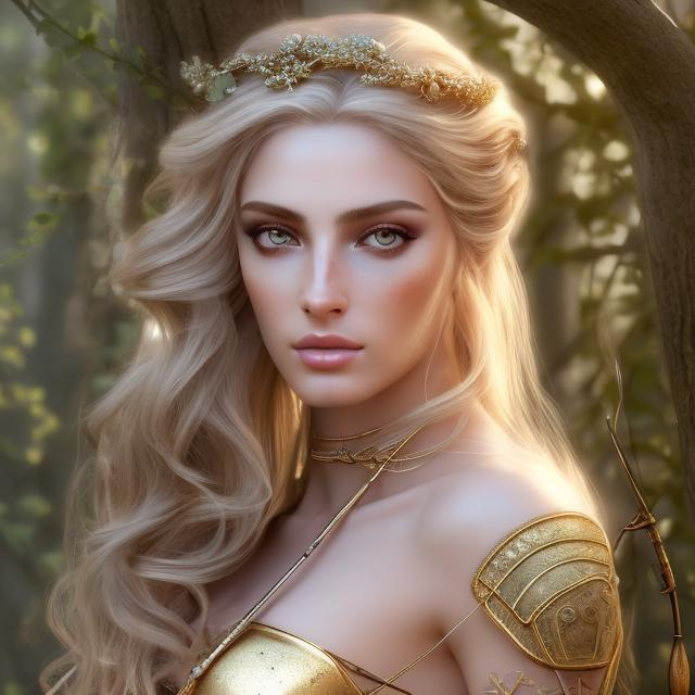 Prompt: HD 4k 3D, hyper realistic, professional modeling, ethereal Greek goddess of distance, gold ombre hair, pale freckled skin, gorgeous face, gorgeous archer armor,  rustic jewelry and headband, full body, ambient glow, archery maiden, nymph, landscape, detailed, elegant, ethereal, mythical, Greek, goddess, surreal lighting, majestic, goddesslike aura