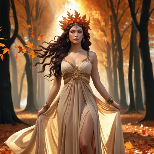 Prompt: HD 4k 3D, hyper realistic, professional modeling, ethereal Greek goddess of Autumn, dark orange hair, tan skin, gorgeous face, grecian chiffon dress, autumn jewelry and autumn leaves crown, full body, embodiment of autumn and changing colors, falling leaves, forest, crows and ravens, detailed, elegant, ethereal, mythical, Greek, goddess, surreal lighting, majestic, goddesslike aura