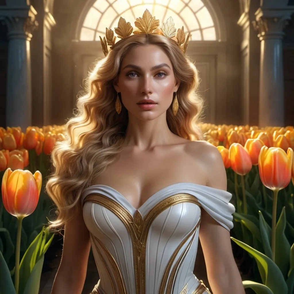 Prompt: HD 4k 3D 8k professional modeling photo hyper realistic beautiful woman Dutch Summer Princess ethereal greek goddess gorgeous face full body surrounded by ambient glow, enchanted, magical, detailed, highly realistic woman, high fantasy background, tulips, elegant, mythical, surreal lighting, majestic, goddesslike aura, Annie Leibovitz style 

